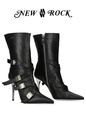 NewRock西班牙潮牌2025新款暗黑哥特金属扣真皮尖头细跟中筒靴