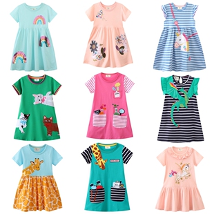 26年夏女童纯棉印花连衣裙女孩拼接百褶裙1 10岁女宝小鹿公主裙