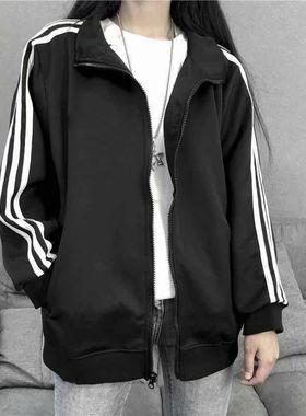 薄款2024韩版春夏棒球新款女潮外套服女三条黑色宽松杠夹克bf学生