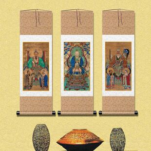 天尊卷轴道家装饰画布三清像祖师爷喷绘画像元始丝绸道德灵宝挂轴