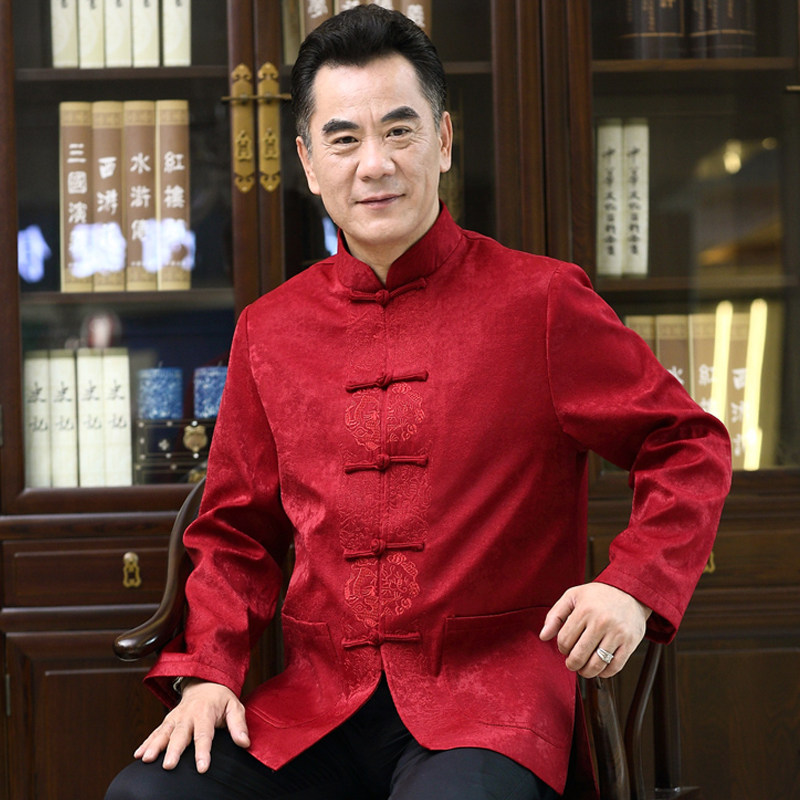 中老年男士唐装长袖春秋上衣中国风夹克老人生日爸爸夹棉红色外套