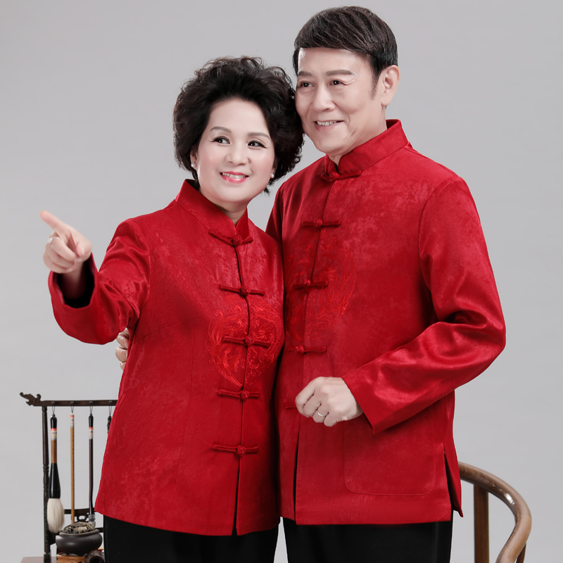 唐装男春秋中国风长袖中老年人过寿星生日爷爷奶奶情侣红色外套装