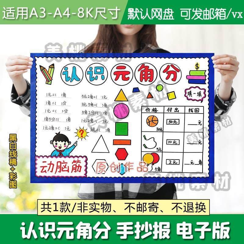 认识元角分手抄报数学一二年级卡通手绘黑白线稿电子版小报模板