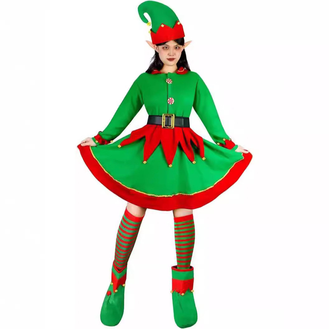 绿色精灵套装派对表演金丝绒新款演出服亲子圣诞服饰圣诞节连衣裙