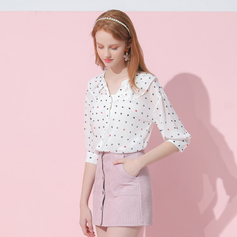 2020春夏新款七分袖娃娃领雪纺上衣法式甜美波点衬衫短袖白色百搭