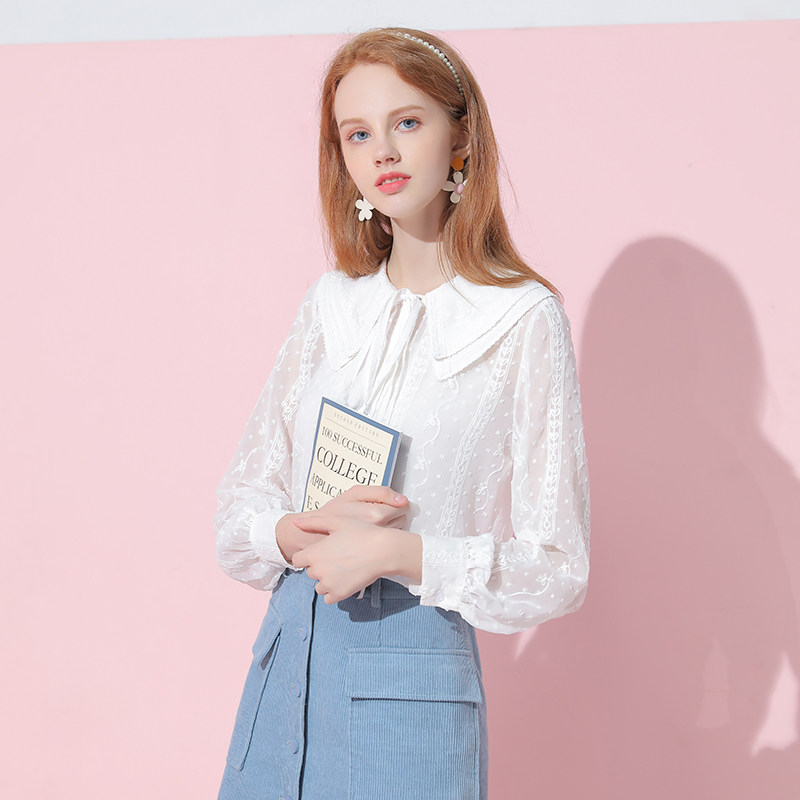 2020春秋款长袖雪纺衬衫法式娃娃领系带上衣甜美白色蕾丝小衫洋气