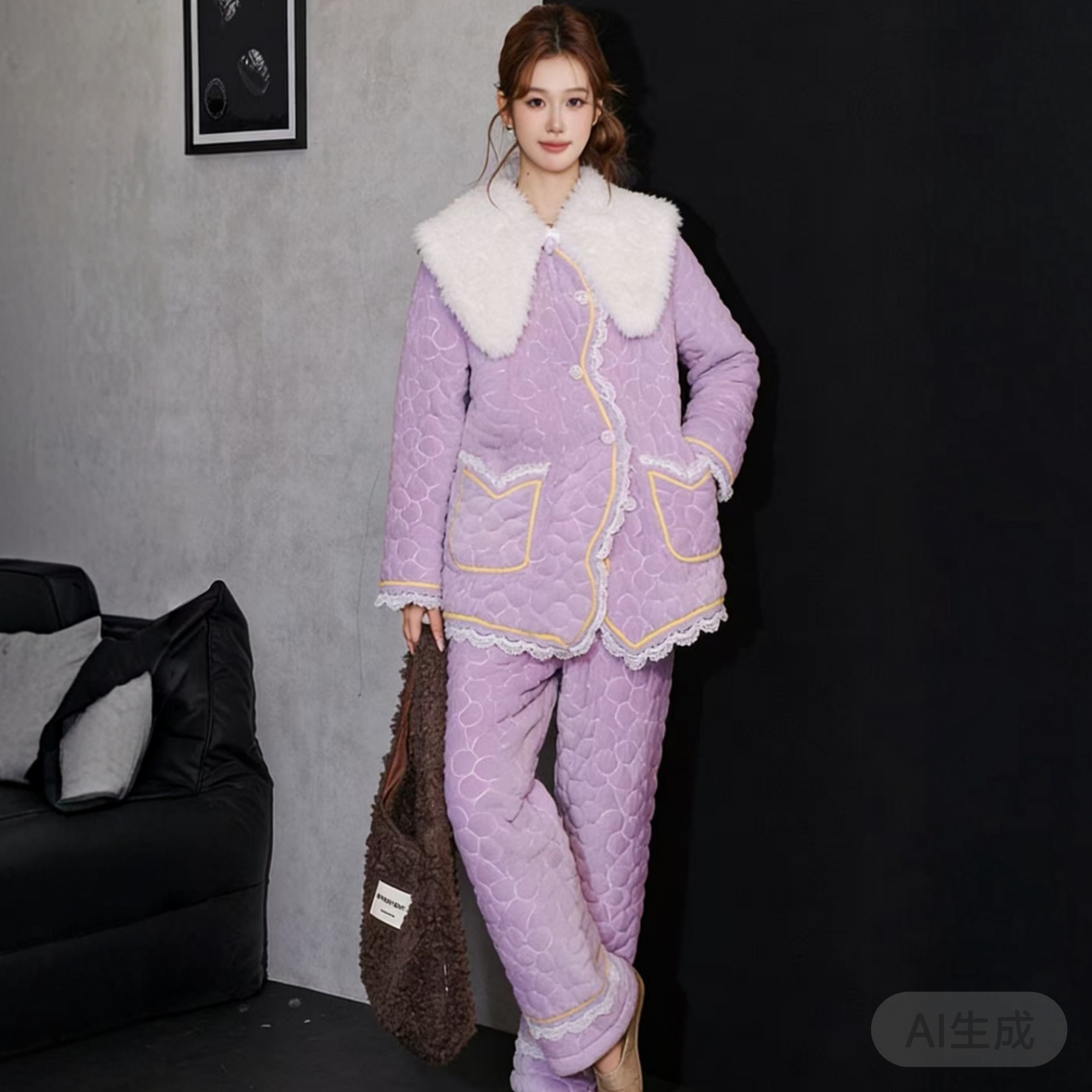 新款香芋紫大毛领三层夹棉加厚睡衣两件套宽松加绒家居服套装