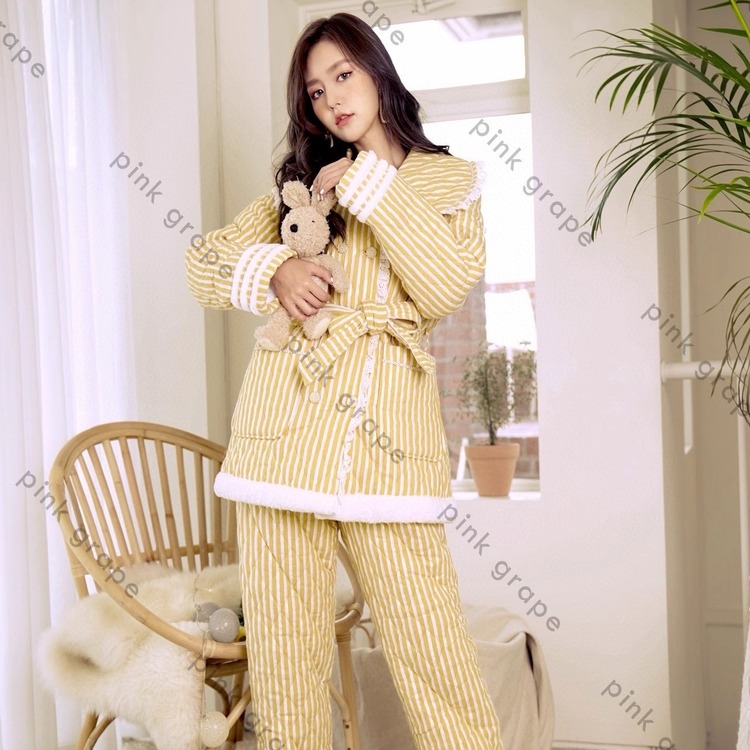 pink grape冬夹棉加厚女睡衣纯棉条纹加绒甜美珊瑚绒可外穿家居服