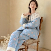 三层夹棉睡衣女冬天格子加绒加棉夹克款 家居服套装 时尚 韩版 原创款