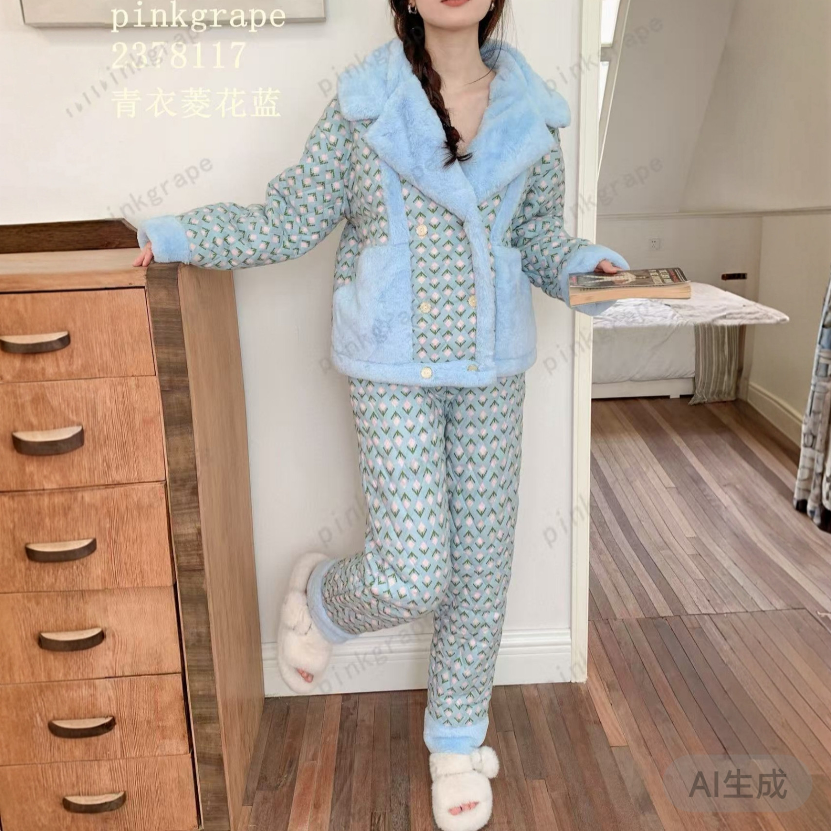 pink grape睡衣女秋冬三层夹棉加厚保暖加绒家居服套装可外穿