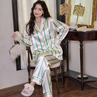 开衫 大码 套装 网红直播款 双排扣家居服春秋 冰丝睡衣女夏季 法式 长袖