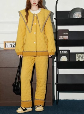 pink grape黄色娃娃领三层夹棉加绒家居服女加厚睡衣套装可外穿