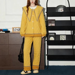 pink 可外穿 grape黄色娃娃领三层夹棉加绒家居服女加厚睡衣套装