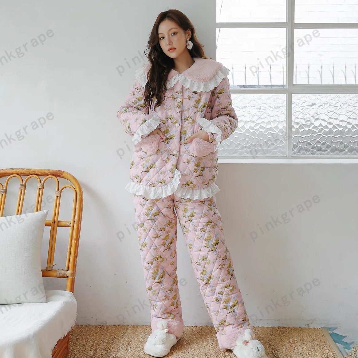 pinkgrape冬季印花夹棉女睡衣甜美花边翻领加绒厚保暖外穿家居服