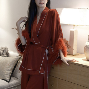 〈绯色帷幕〉轻奢高级感贵妇鸵鸟毛红色新娘结婚晨袍睡衣套装