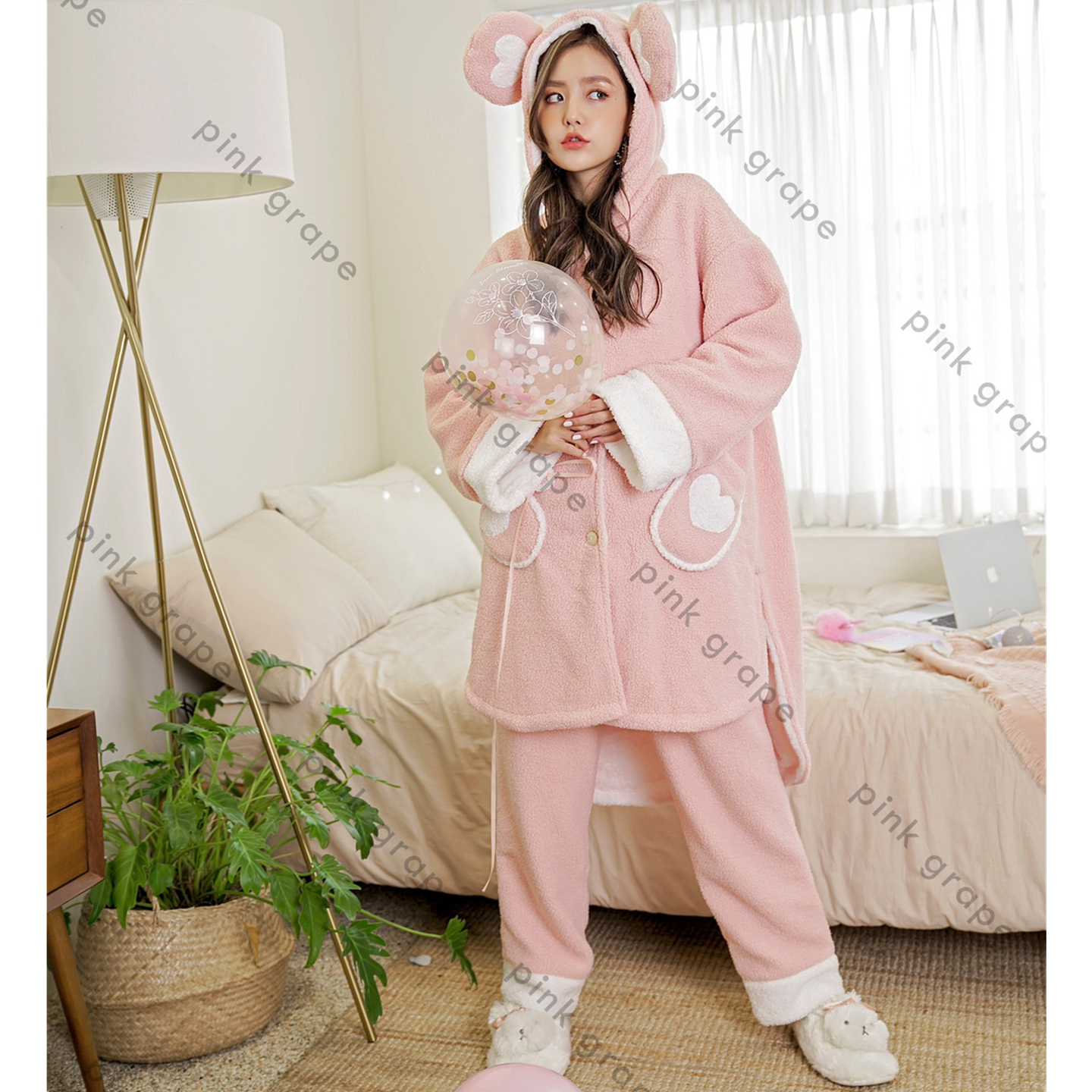 pinkgrape泰迪绒秋冬季宽松女士睡衣加厚珊瑚法兰绒连帽长款睡袍