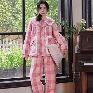 三层夹棉绒家居服格子套装 pink grape睡衣女宫廷风加厚法兰绒冬季