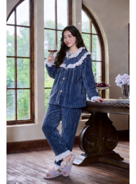 pink grape灯芯条绒冬韩版女宫廷风睡衣双层加绒套装珊瑚绒家居服