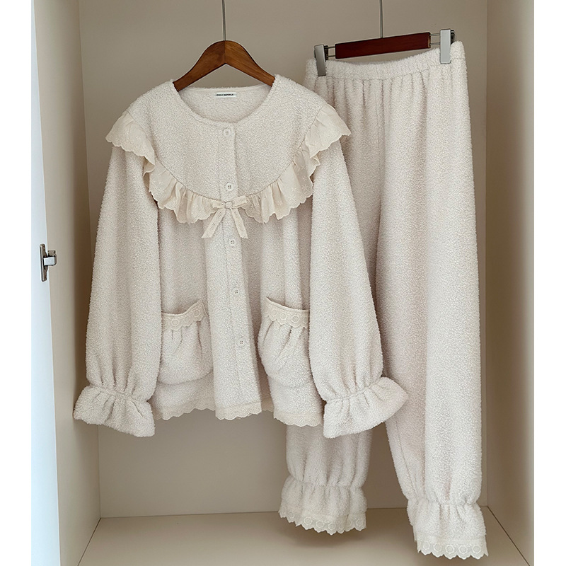 韩国public冬季新品加厚双面珊瑚荔枝绒花边公主睡衣女保暖家居服