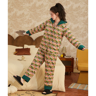睡衣女士秋冬季 三层夹棉袄加厚保暖碎花连帽宽松家居服秋冬天套装