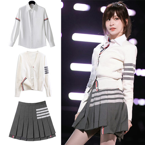 王心凌针织开衫衬衫百褶短裙套装