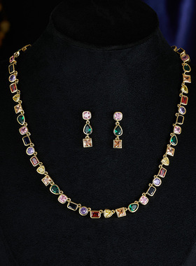 新款彩色水晶项链耳环套装女小众设计感女轻奢气质百搭耳钉锁骨链
