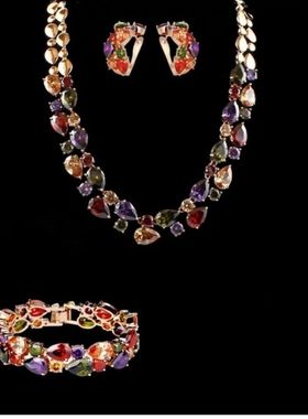 超闪锆石七彩水晶项链耳环套装饰品婚纱礼服手链首饰新娘晚宴配饰