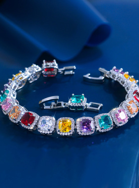 欧美夸张彩色锆石方糖手链小众设计个性女锁骨链时尚简约大气手饰