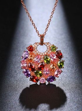 七彩锆石项链花好月圆水晶长款项链女式个性戒指套装网红锁骨吊坠