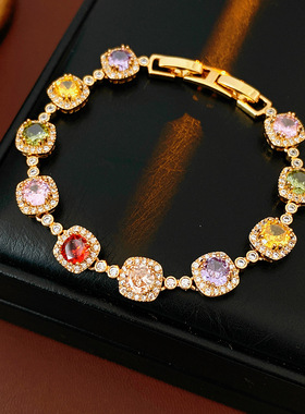 彩色锆石手链女小众椭圆形镶钻手链女高级感轻奢手环复古气质手饰