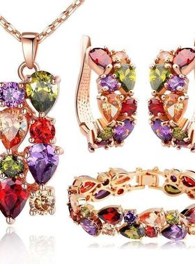 女耳环七彩锆石项链三件套装气质锁骨吊坠小巧精致百搭水晶手链