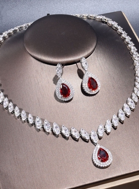 欧美流行新娘套装水滴项链同款锆石流苏耳环婚礼饰品礼服晚宴配饰
