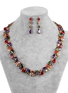 奢华锆石七彩水晶项链耳环套装结婚饰品婚纱晚礼服新娘宴会首饰