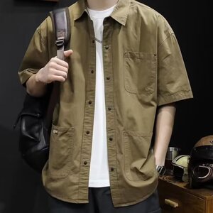 网络图工装短袖衬衫男春夏季休闲纯色衬衣短袖衬衫712-5-322-P40图片