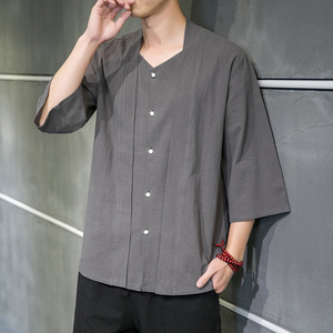 风夏假两件七分袖衬衫男宽松大码汉服XZ712-5-CS777-P45图片