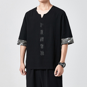 2023春夏风大码棉麻短袖T恤日系复古打底衫XZ712-5-TX67-P45图片