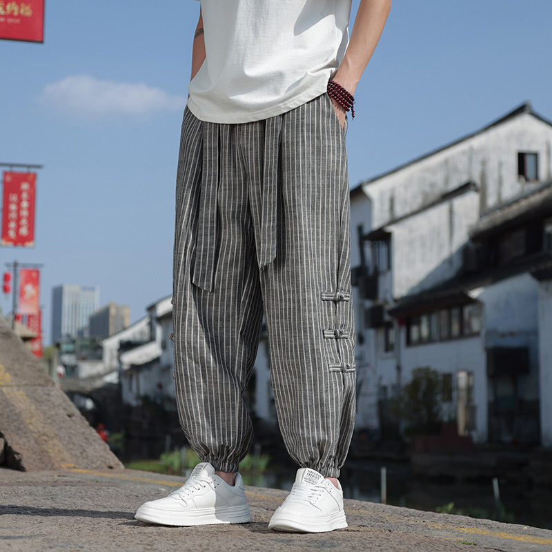 新中式夏季亚麻裤男风宽松薄款棉麻条纹束脚裤712-5-K910-P65,男装休闲裤,星座1112-5（原712-5）