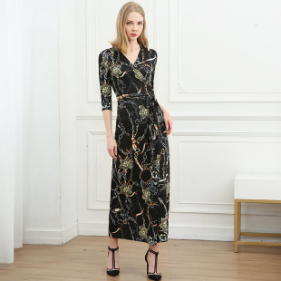 高端新品 V领复古系带收腰印花长裙裹身大摆连衣裙女PGDVF2026春夏