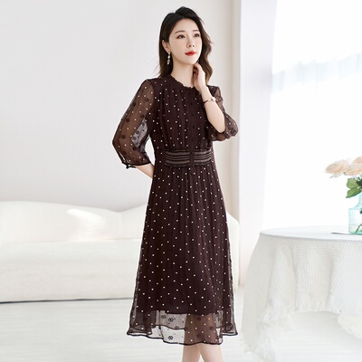 新款真丝过膝显瘦连衣裙高端裙子