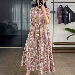 M家同款新品26连衣裙棉府绸印花高级感法式优雅系带收腰显瘦长裙