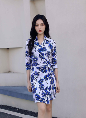 现货速发-高端新品夏季裹身裙女蓝色交襟连衣裙短裙七分袖PG DVF