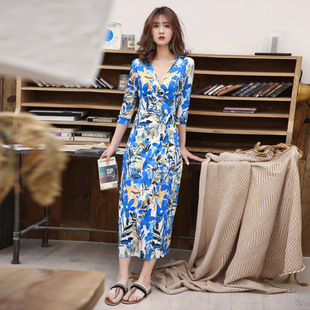 DVF2026裹身裙 过膝长裙度假旅行油画印花连衣裙PG 高端新品 七分袖