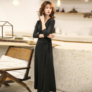 欧美黑色时尚 裹身裙批发PG 无领修身 七分袖 DVF2026 长款 高端新品