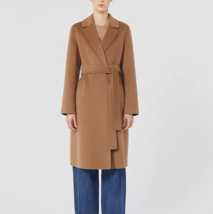 高端新款2025冬季经典百搭绵羊毛双面呢长袍系带大衣外套