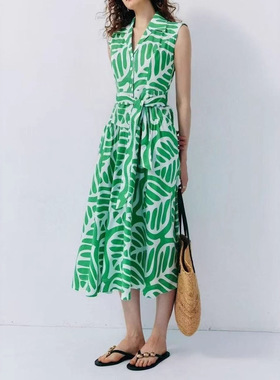M家同款PG DVF26春秋新款绿白棕榈叶度假图案连衣裙系带显瘦长裙