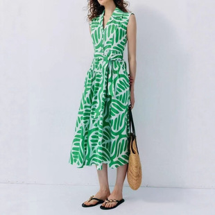 M家同款PG DVF26春秋新款绿白棕榈叶度假图案连衣裙系带显瘦长裙