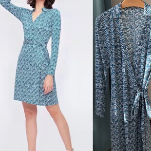 裹身连衣裙经典 M家同款 编织纹理印花长袖 DVF宝石绿法式 茶歇裙