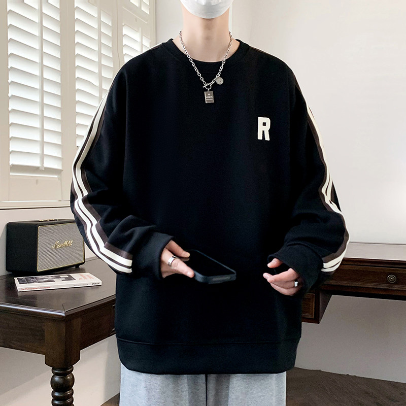 条纹卫衣男款春秋季宽松圆领帅气印花休闲长袖t恤男青少年打底衫