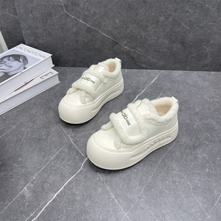 真皮加绒保暖面包鞋女2025年冬季新款魔术贴丑萌大头时尚休闲棉鞋