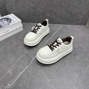 圆头系带轻便舒适百搭休闲板鞋 新款 女2026春季 真皮厚底面包小白鞋